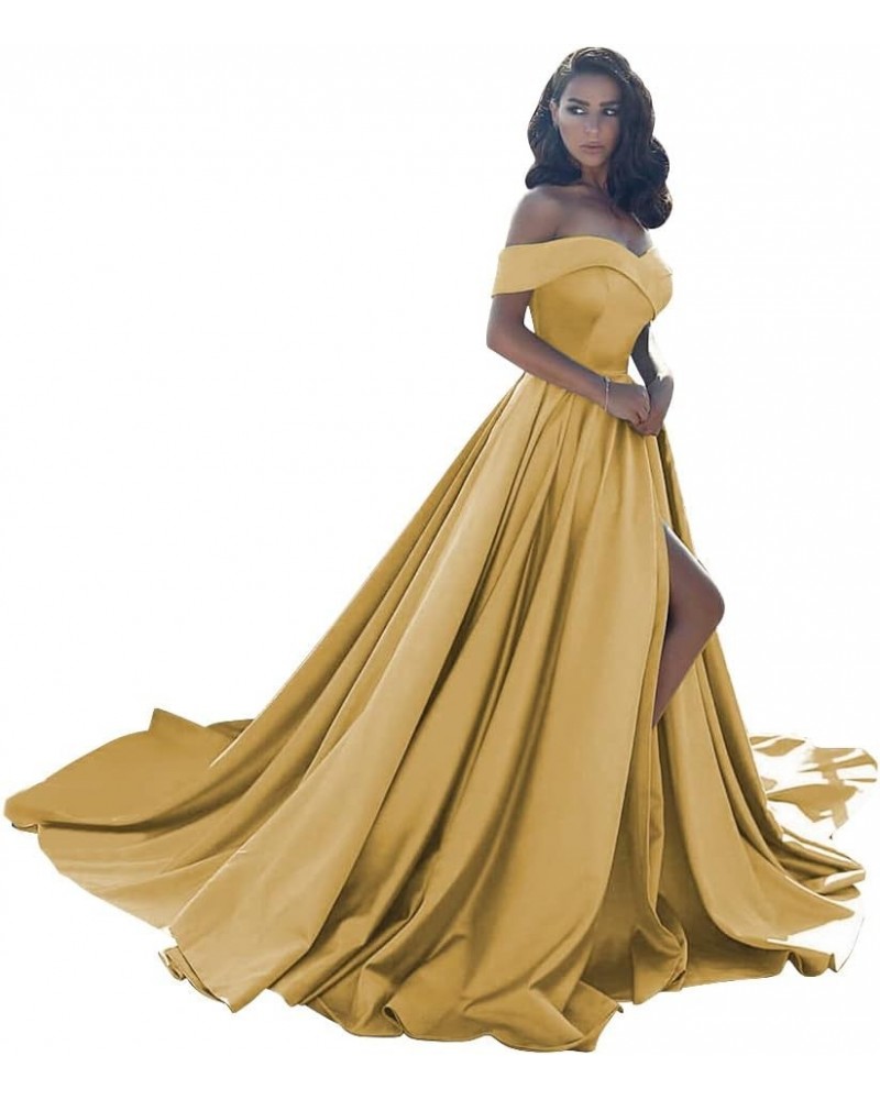 Women's Off The Shoulder Satin Prom Dresses with Slit Long Formal Evening Party Gowns with Pockets SYYS043 Gold $30.55 Dresses