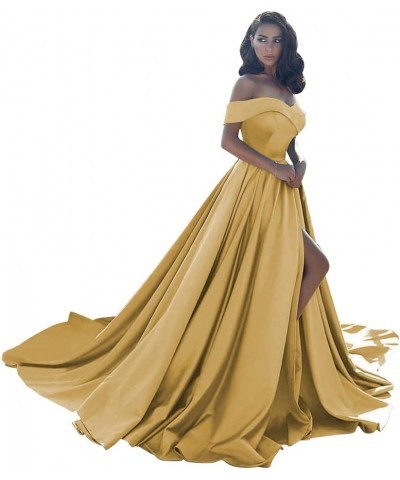 Women's Off The Shoulder Satin Prom Dresses with Slit Long Formal Evening Party Gowns with Pockets SYYS043 Gold $30.55 Dresses