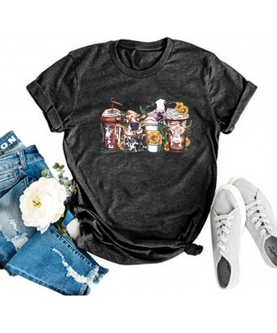 Sunflowers Coffee Cup Printed T-Shirts for Women Western Cowboy Cow Lover Tops Round Neck Short Sleeve Shirt Dark Grey $7.00 ...