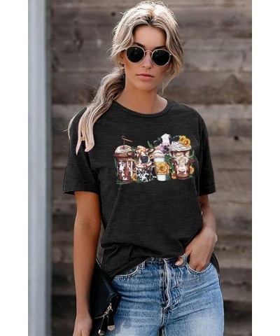 Sunflowers Coffee Cup Printed T-Shirts for Women Western Cowboy Cow Lover Tops Round Neck Short Sleeve Shirt Dark Grey $7.00 ...