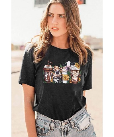 Sunflowers Coffee Cup Printed T-Shirts for Women Western Cowboy Cow Lover Tops Round Neck Short Sleeve Shirt Dark Grey $7.00 ...