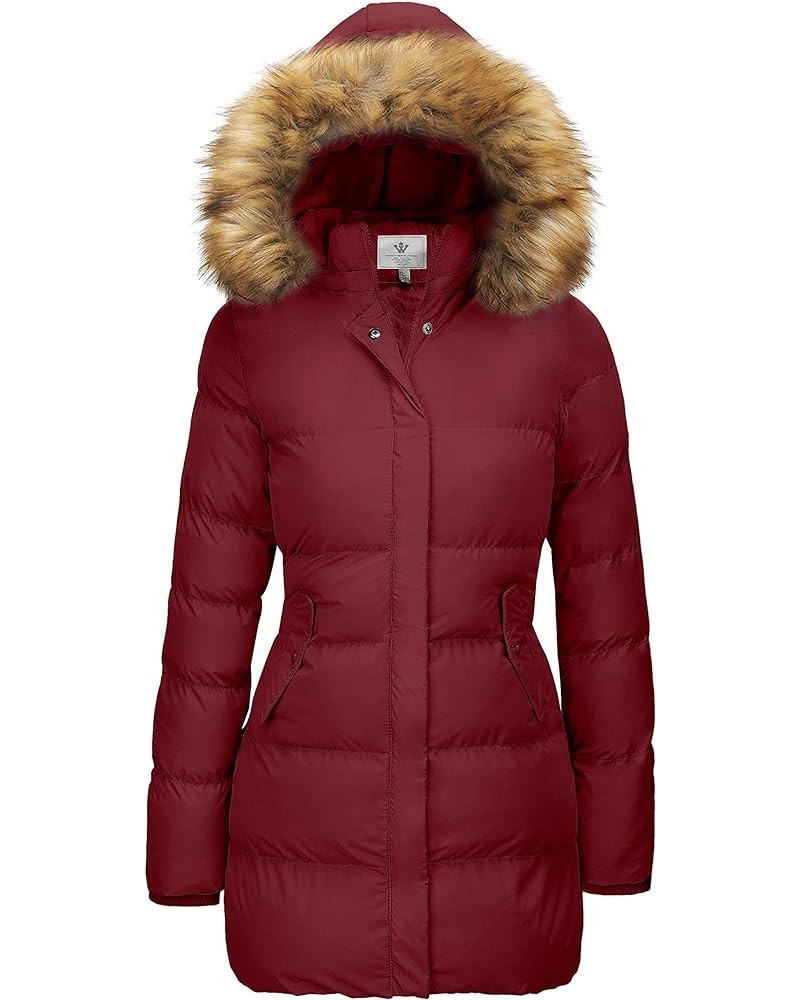 Women's Winter Thicken Puffer Coat Warm Jacket with Faux Fur Removable Hood Red $37.84 Jackets