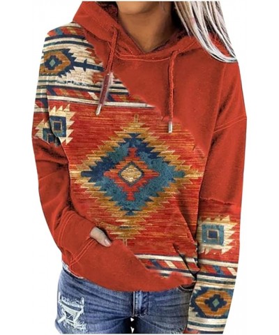 Women Western Aztec Hoodies Drawstring Sweatshirt Pullover Ethnic Vintage Graphic Shirts Tops Causal Fall Clothes J016-orange...