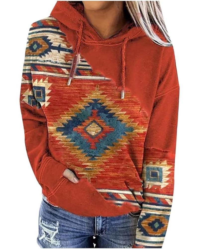 Women Western Aztec Hoodies Drawstring Sweatshirt Pullover Ethnic Vintage Graphic Shirts Tops Causal Fall Clothes J016-orange...