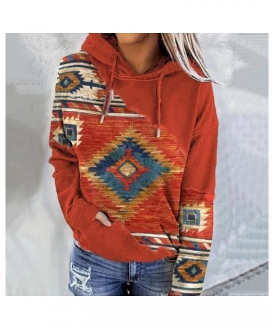 Women Western Aztec Hoodies Drawstring Sweatshirt Pullover Ethnic Vintage Graphic Shirts Tops Causal Fall Clothes J016-orange...