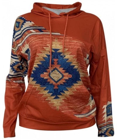 Women Western Aztec Hoodies Drawstring Sweatshirt Pullover Ethnic Vintage Graphic Shirts Tops Causal Fall Clothes J016-orange...