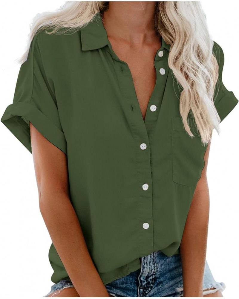 Womens Cotton Linen Button Down Shirts Short Sleeve Summer Tops Dressy Casual Collared Cute Ladies Work Blouses Army Green 9 ...