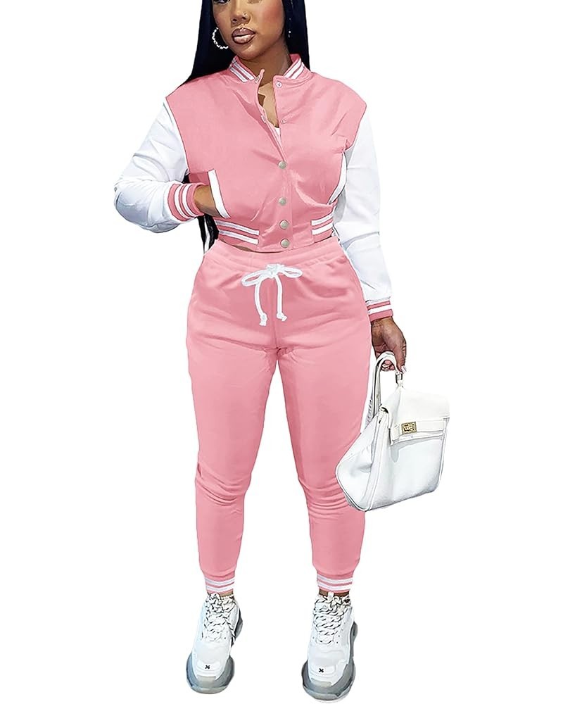 Womens Two Piece Tracksuit Button Down Cropped Varsity Jacket Pants Set Jogger Sweatsuit 18-pink $25.79 Activewear