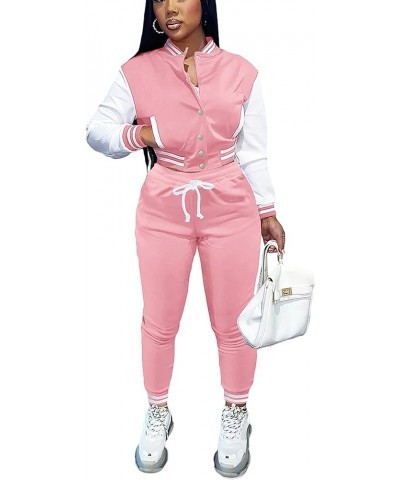 Womens Two Piece Tracksuit Button Down Cropped Varsity Jacket Pants Set Jogger Sweatsuit 18-pink $25.79 Activewear