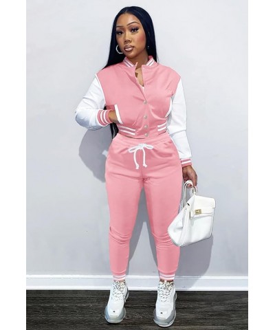 Womens Two Piece Tracksuit Button Down Cropped Varsity Jacket Pants Set Jogger Sweatsuit 18-pink $25.79 Activewear