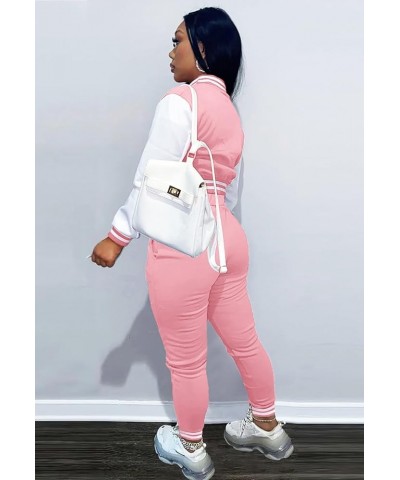 Womens Two Piece Tracksuit Button Down Cropped Varsity Jacket Pants Set Jogger Sweatsuit 18-pink $25.79 Activewear