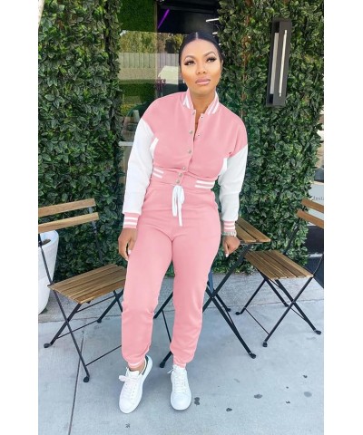 Womens Two Piece Tracksuit Button Down Cropped Varsity Jacket Pants Set Jogger Sweatsuit 18-pink $25.79 Activewear