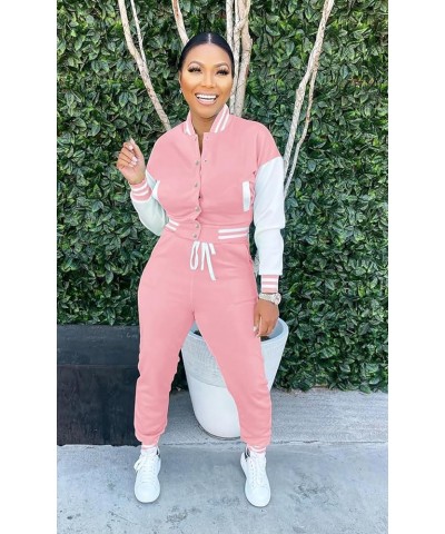 Womens Two Piece Tracksuit Button Down Cropped Varsity Jacket Pants Set Jogger Sweatsuit 18-pink $25.79 Activewear