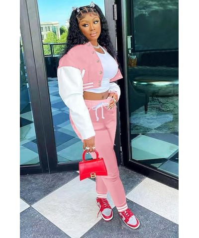 Womens Two Piece Tracksuit Button Down Cropped Varsity Jacket Pants Set Jogger Sweatsuit 18-pink $25.79 Activewear