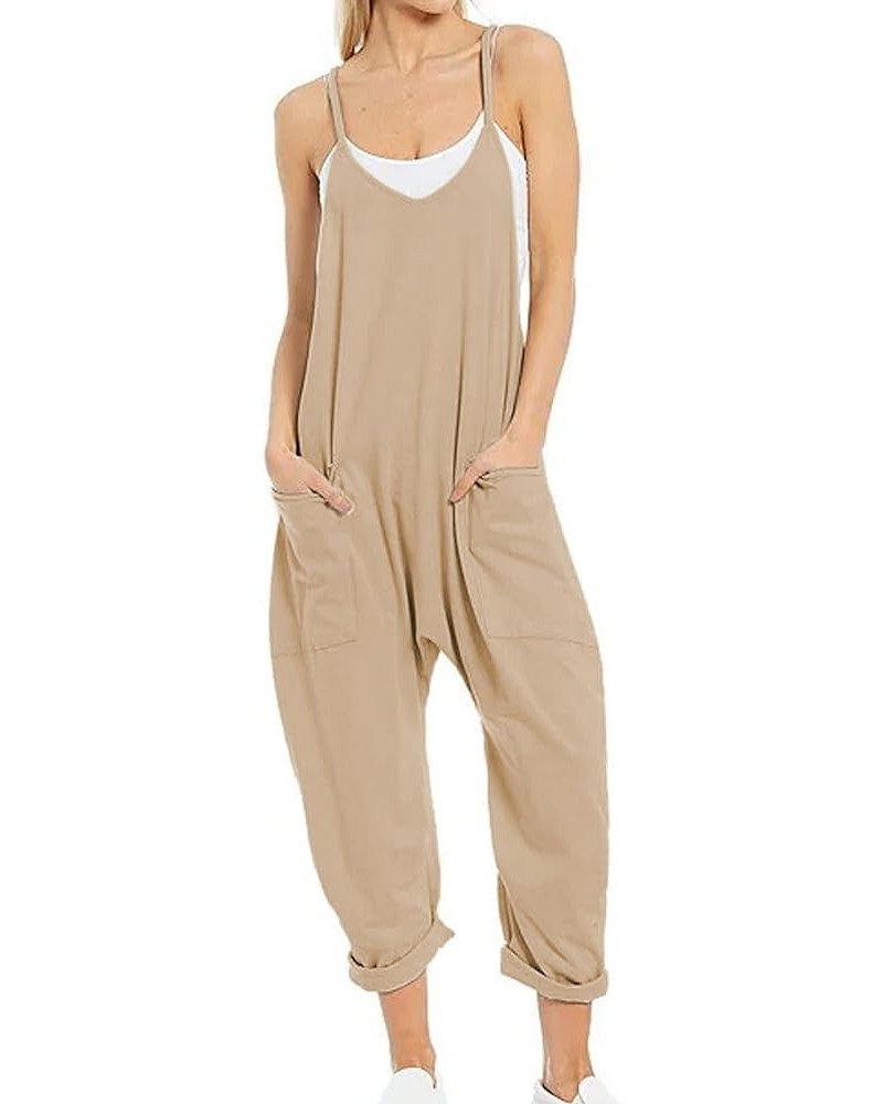 Women's Casual V Neck Sleeveless Jumpsuits Baggy Straps Harem Long Pants Overalls With Pockets Dark Khaki $11.27 Overalls