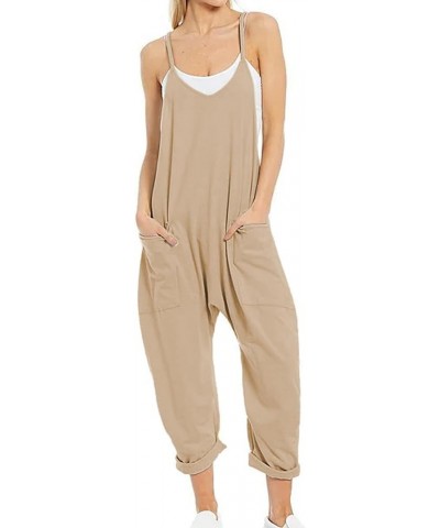 Women's Casual V Neck Sleeveless Jumpsuits Baggy Straps Harem Long Pants Overalls With Pockets Dark Khaki $11.27 Overalls