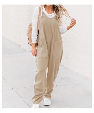 Women's Casual V Neck Sleeveless Jumpsuits Baggy Straps Harem Long Pants Overalls With Pockets Dark Khaki $11.27 Overalls