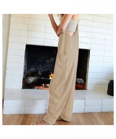 Women's Casual V Neck Sleeveless Jumpsuits Baggy Straps Harem Long Pants Overalls With Pockets Dark Khaki $11.27 Overalls