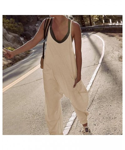 Women's Casual V Neck Sleeveless Jumpsuits Baggy Straps Harem Long Pants Overalls With Pockets Dark Khaki $11.27 Overalls