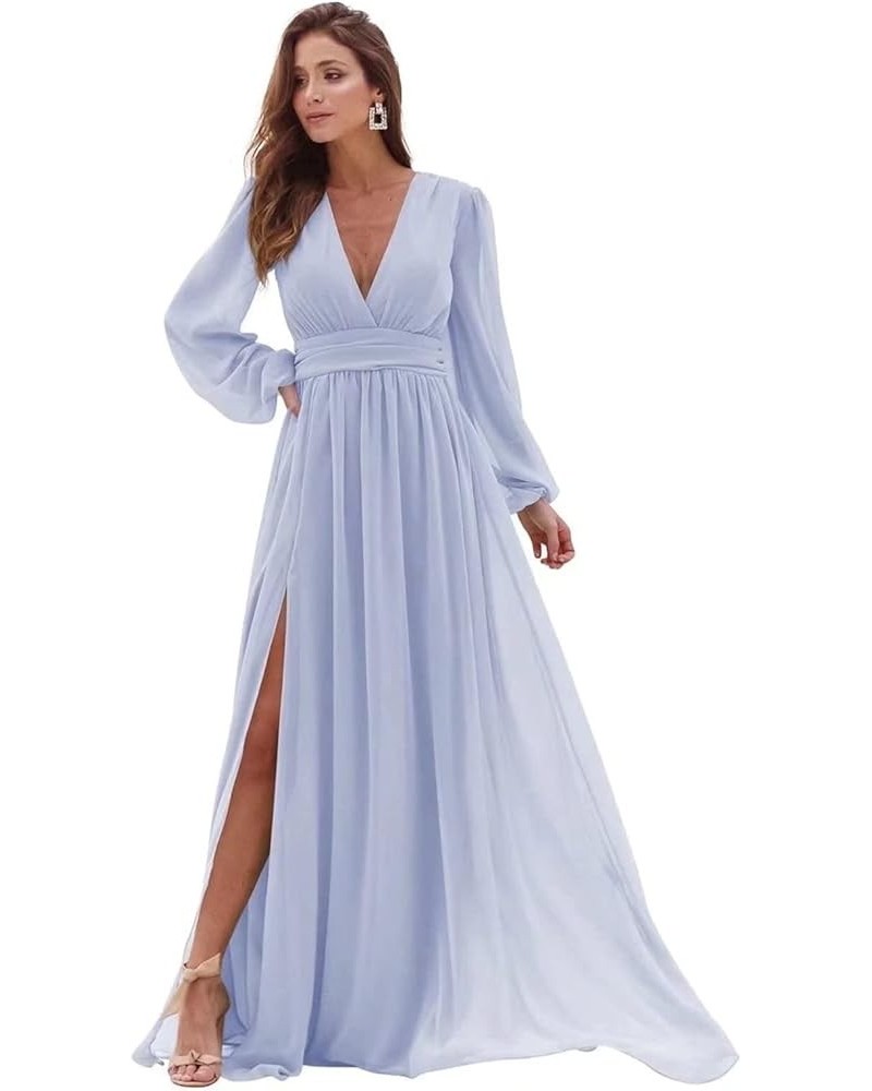 Women's V Neck Long Sleeve Bridesmaid Dresses with Slit Chiffon Prom Dress A Line Pleated Formal Evening Gowns Lavender $28.5...