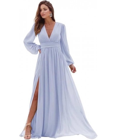 Women's V Neck Long Sleeve Bridesmaid Dresses with Slit Chiffon Prom Dress A Line Pleated Formal Evening Gowns Lavender $28.5...