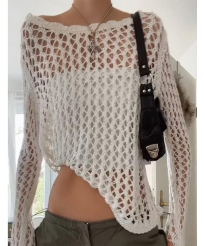 Women Hollow Out Knit Crochet Fishnet Top See Through Long Sleeve Shirt Sexy Mesh Street Knitwear A-white $13.72 T-Shirts