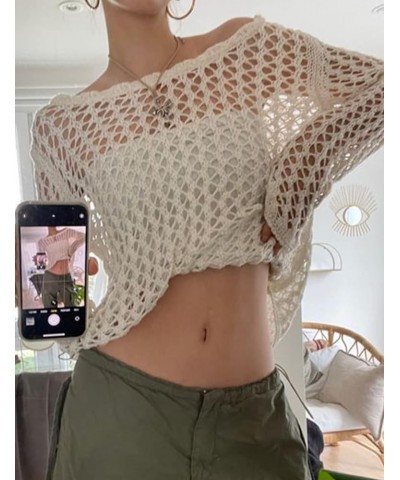 Women Hollow Out Knit Crochet Fishnet Top See Through Long Sleeve Shirt Sexy Mesh Street Knitwear A-white $13.72 T-Shirts