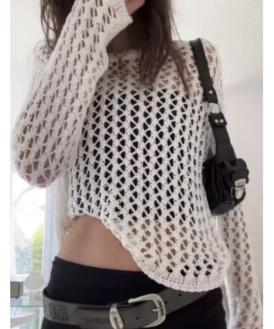 Women Hollow Out Knit Crochet Fishnet Top See Through Long Sleeve Shirt Sexy Mesh Street Knitwear A-white $13.72 T-Shirts