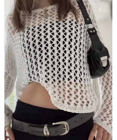 Women Hollow Out Knit Crochet Fishnet Top See Through Long Sleeve Shirt Sexy Mesh Street Knitwear A-white $13.72 T-Shirts