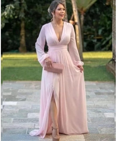 Women's V Neck Long Sleeve Bridesmaid Dresses with Slit Chiffon Prom Dress A Line Pleated Formal Evening Gowns Lavender $28.5...