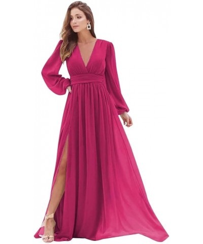 Women's V Neck Long Sleeve Bridesmaid Dresses with Slit Chiffon Prom Dress A Line Pleated Formal Evening Gowns Lavender $28.5...