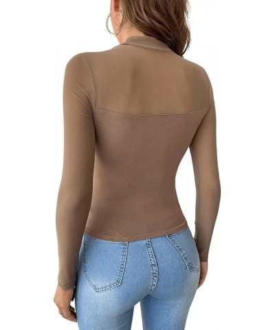 Women's Mock Neck Long Sleeve Mesh Insert Elegant Blouse Tops Mocha Brown $9.60 Blouses