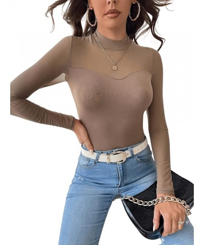 Women's Mock Neck Long Sleeve Mesh Insert Elegant Blouse Tops Mocha Brown $9.60 Blouses