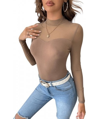 Women's Mock Neck Long Sleeve Mesh Insert Elegant Blouse Tops Mocha Brown $9.60 Blouses