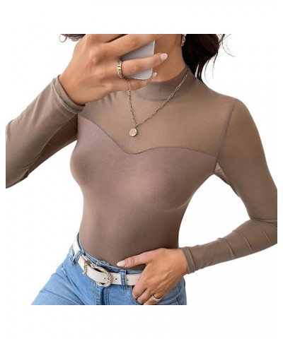 Women's Mock Neck Long Sleeve Mesh Insert Elegant Blouse Tops Mocha Brown $9.60 Blouses