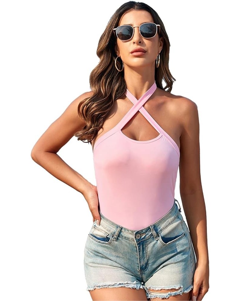 Women's Sexy Criss Cross Sleeveless Halter Neck Bodysuits - Stylish Summer Tank Tops Pink $10.00 Tanks