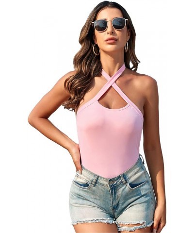 Women's Sexy Criss Cross Sleeveless Halter Neck Bodysuits - Stylish Summer Tank Tops Pink $10.00 Tanks