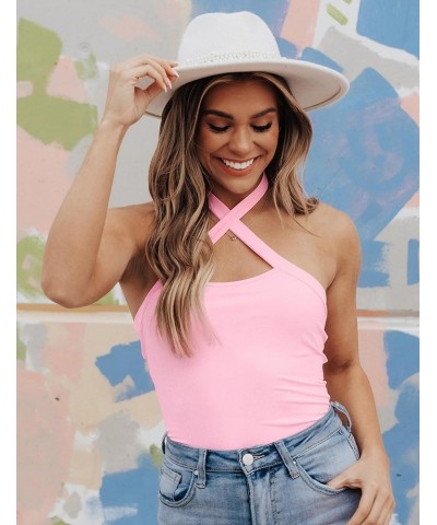 Women's Sexy Criss Cross Sleeveless Halter Neck Bodysuits - Stylish Summer Tank Tops Pink $10.00 Tanks