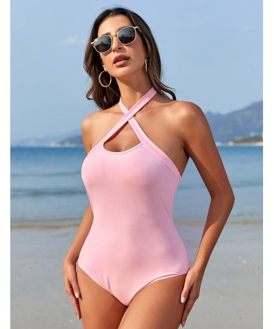 Women's Sexy Criss Cross Sleeveless Halter Neck Bodysuits - Stylish Summer Tank Tops Pink $10.00 Tanks