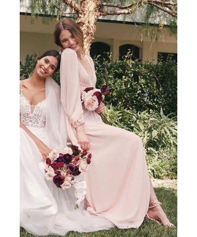 Women's V Neck Long Sleeve Bridesmaid Dresses with Slit Chiffon Prom Dress A Line Pleated Formal Evening Gowns Lavender $28.5...