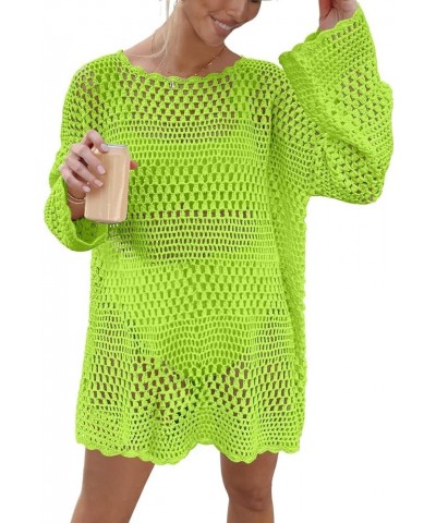 Women Swimsuit Crochet Swim Cover Up Summer Bathing Suit Swimwear Knit Pullover Beach Dress Fluo Green $11.03 Swimsuits