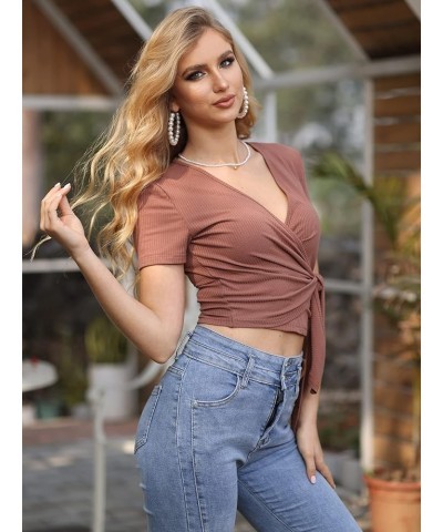 Summer V Neck Cute Crop Tops for Women Short Sleeve Shirts Tie Waist Slim Fit Wrap T Shirt Tops Coffee $14.49 Tops