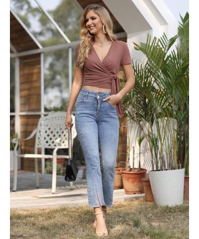 Summer V Neck Cute Crop Tops for Women Short Sleeve Shirts Tie Waist Slim Fit Wrap T Shirt Tops Coffee $14.49 Tops