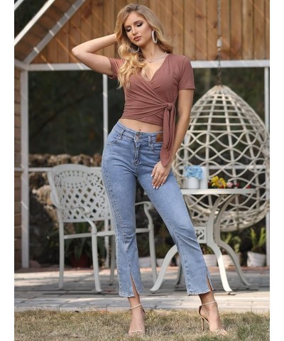 Summer V Neck Cute Crop Tops for Women Short Sleeve Shirts Tie Waist Slim Fit Wrap T Shirt Tops Coffee $14.49 Tops